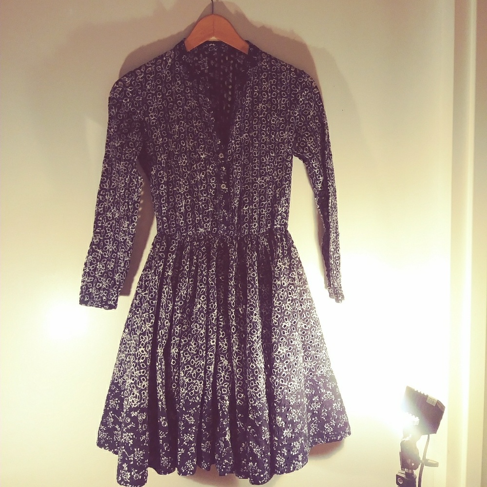 long sleeve blue and white dress